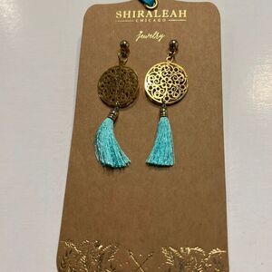 Shiraleah Chicago Gold Filigree Turquoise Tassel Statement‎ Earrings Boho Chic